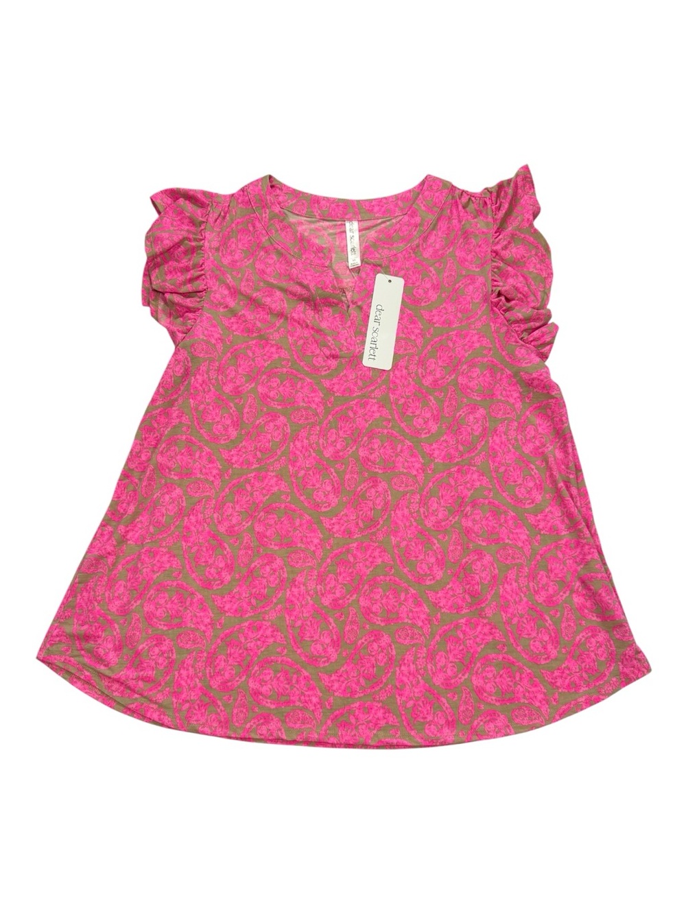 Dear Scarlett Women’s XL Paisley Ruffle Sleeve Blouse NWT Pink Taupe